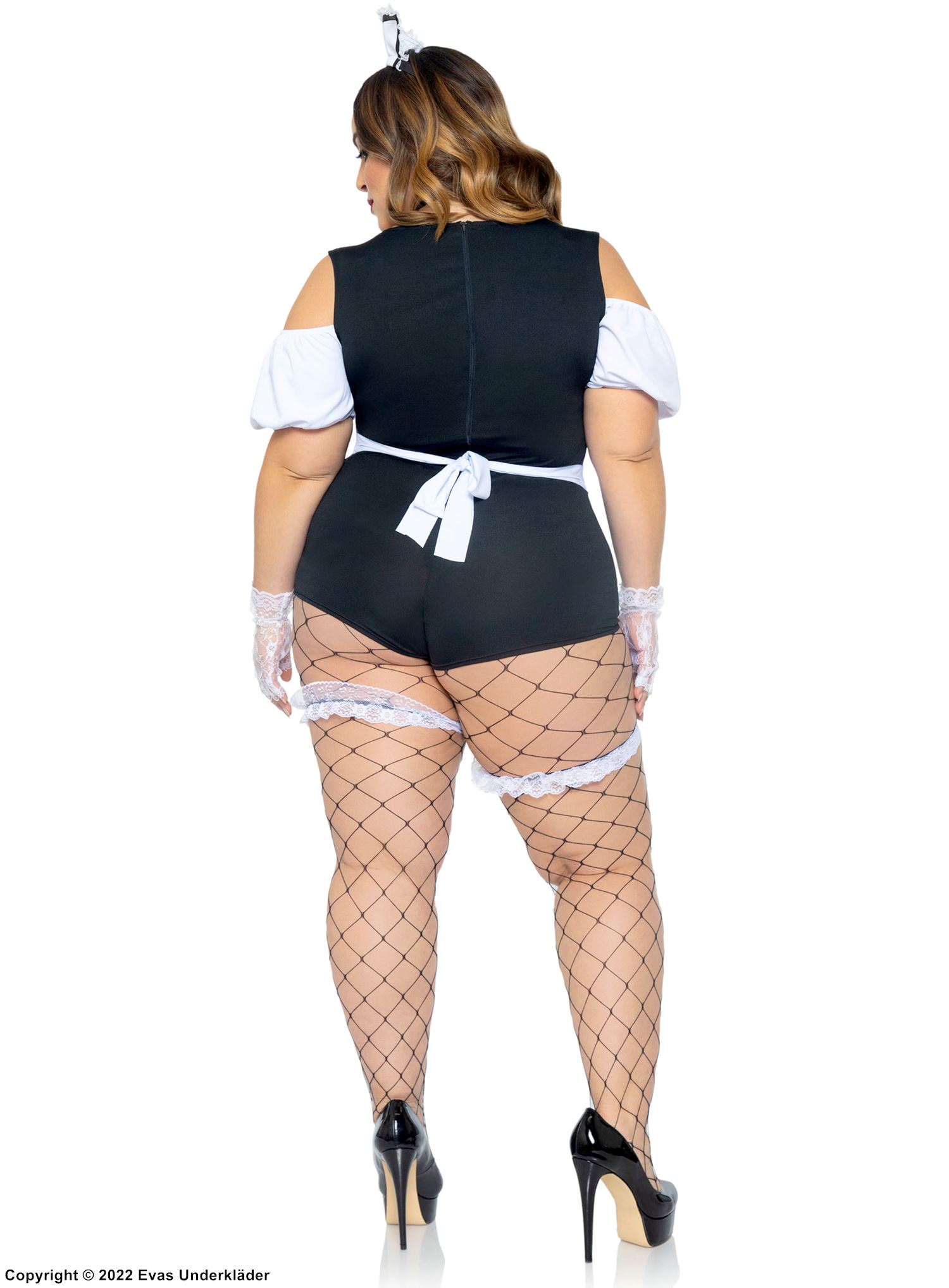 French maid, maskerad-teddy med cold shoulder, volangkant, rynkor, förkläde och inbyggda strumpeband, plus size